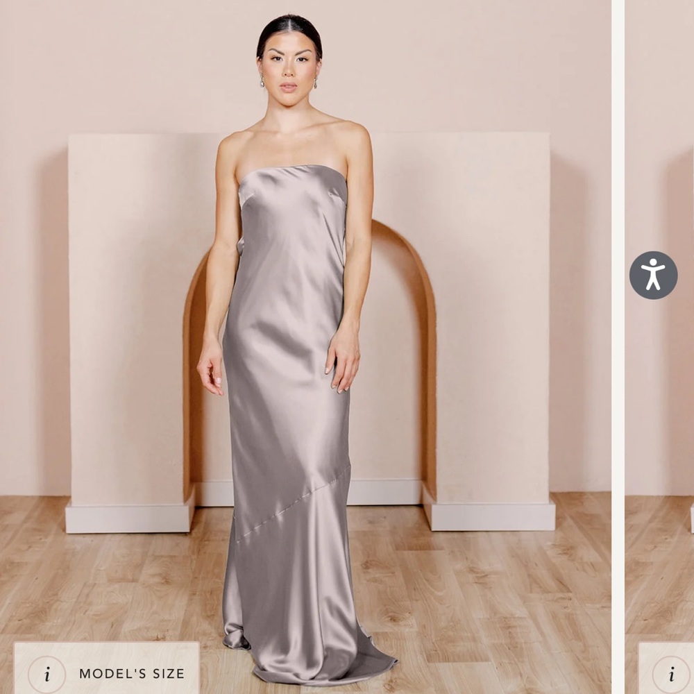 Revelry Leo Satin Dress in color taupe. Size 4 Petite (41 in waist to hem).